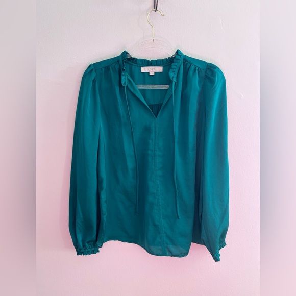 LOFT Emerald Green Ruffle V-Neck Long Sleeve Blouse - Picture 2 of 5